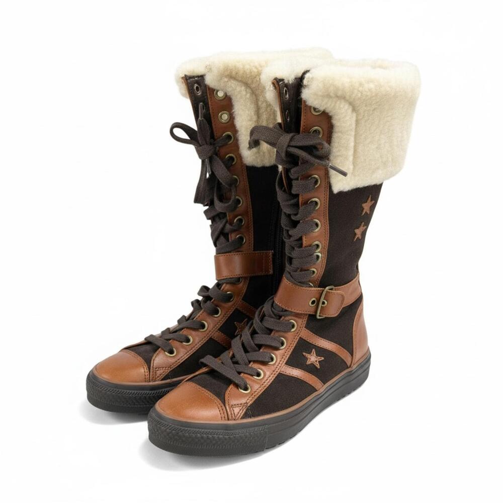 Converse Unisex Vintage Tall Shearling Lace-Up Winter Boots Brown Leather Canvas - Picture 2 of 11